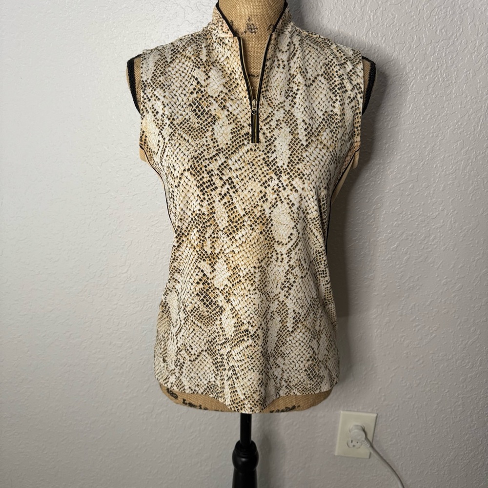 TAIL Golf Tan Sleeveless Polo Shirt Women Size S 1/4 Zip Snake Print Pickleball
